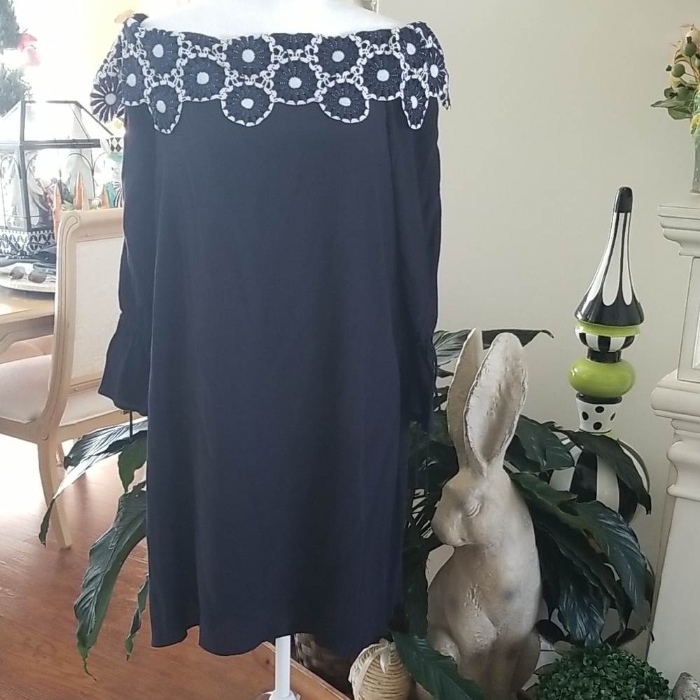 LOFT Navy Off-Shoulder Midi Skirt with White Crochet Trim